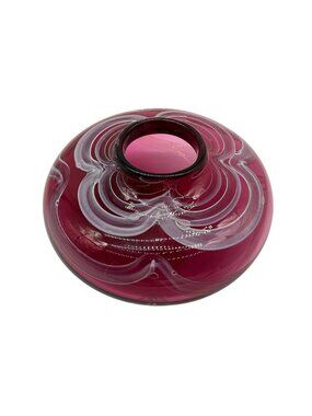 Hand Blown Gordon Redmond Cranberry with White Swirls Vase, Signed & Dated 1994